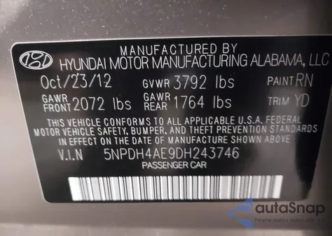2013 Hyundai Elantra Gls from USA, damaged, VIN 5NPDH4AE9DH243746